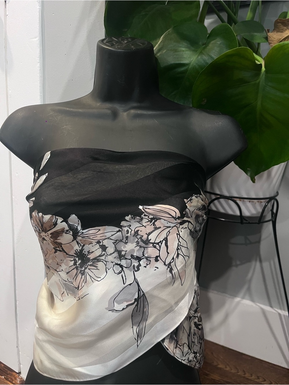 White House Black Market Strapless Floral Scarf Top in Black, Cream and Pink
